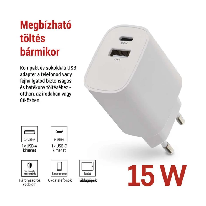 Emos univerzális USB töltő 15W (USB-C, USB-A) fehér BASIC V02B15