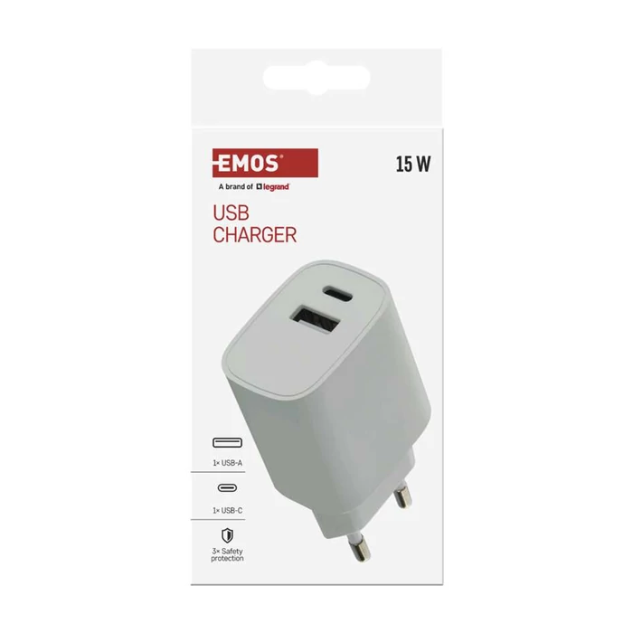Emos univerzális USB töltő 15W (USB-C, USB-A) fehér BASIC V02B15