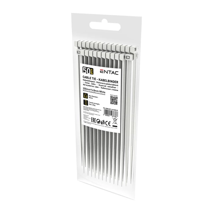 Entac kábelkötegelő 200x4,8 mm fehér gyorskötöző ECT-4.8-200-W