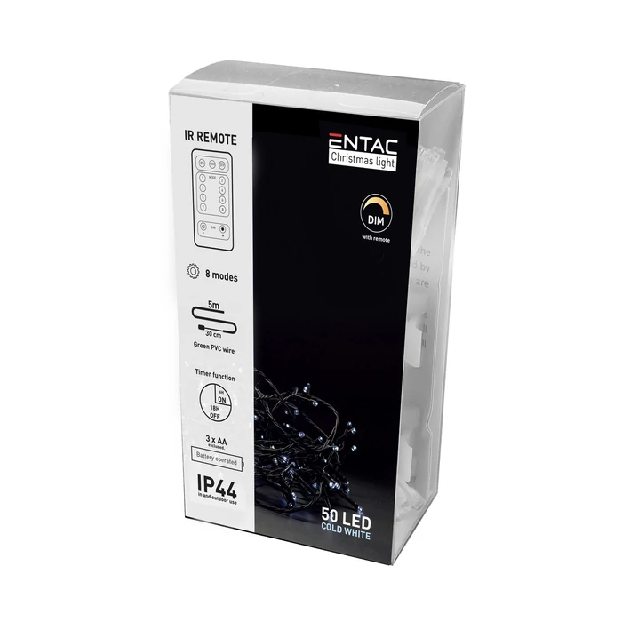 Entac karácsonyi fényfüzér távirányítóval 5m 50 LED hideg fehér IP44 ECL-IR-50CW