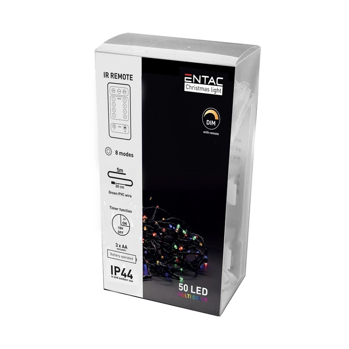 Entac karácsonyi fényfüzér távirányítóval 5m 50 LED színes IP44 ECL-IR-50MC