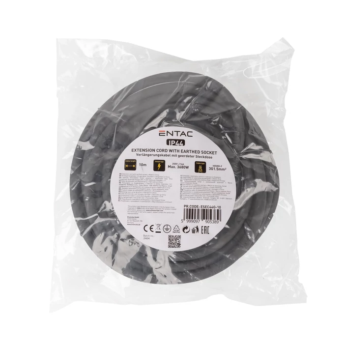 Entac lengő hosszabbító gumikábellel 10m fekete H05RR-F 3x1,5mm2 IP44 ESEC44G-10