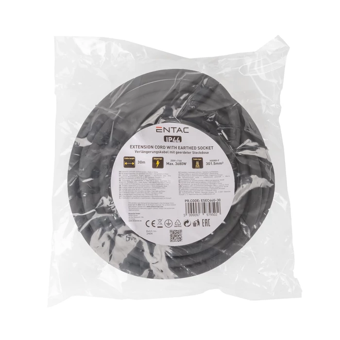 Entac lengő hosszabbító gumikábellel 30m fekete H05RR-F 3x1,5mm2 IP44 ESEC44G-30