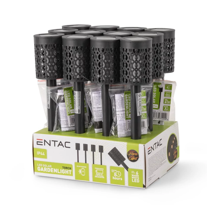 Entac napelemes kerti szolár lámpa leszúrható fekete fáklya láng effektte 360mm 6 LED IP44 EGSL-P6LF-36-12PDQ