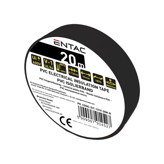 Entac szigetelőszalag 20mx19mm fekete EIT-1319-20M-B