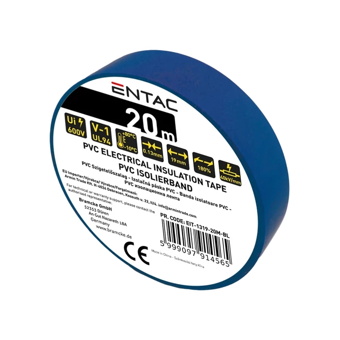Entac szigetelőszalag 20mx19mm kék EIT-1319-20M-BL