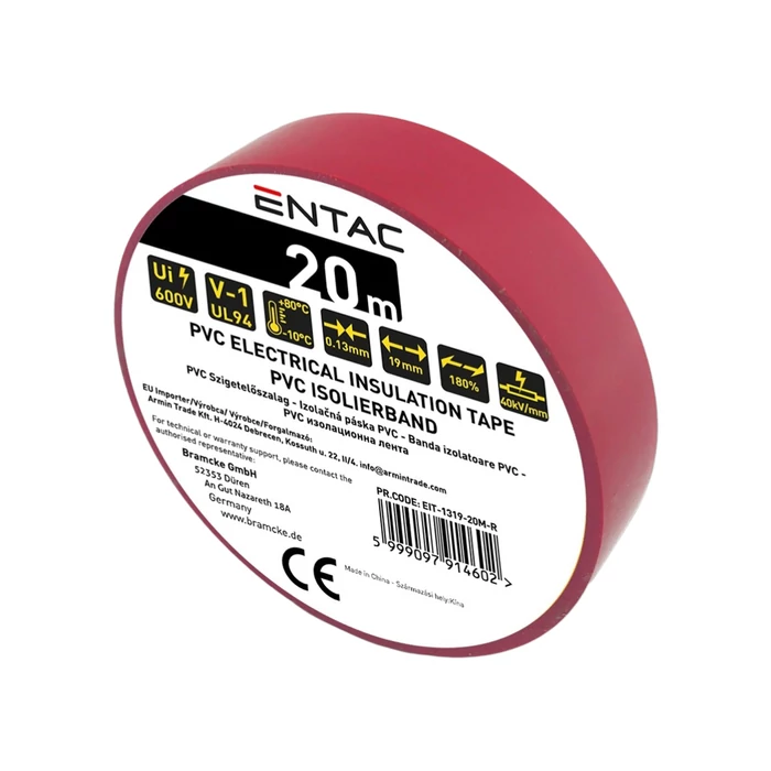 Entac szigetelőszalag 20mx19mm piros EIT-1319-20M-R