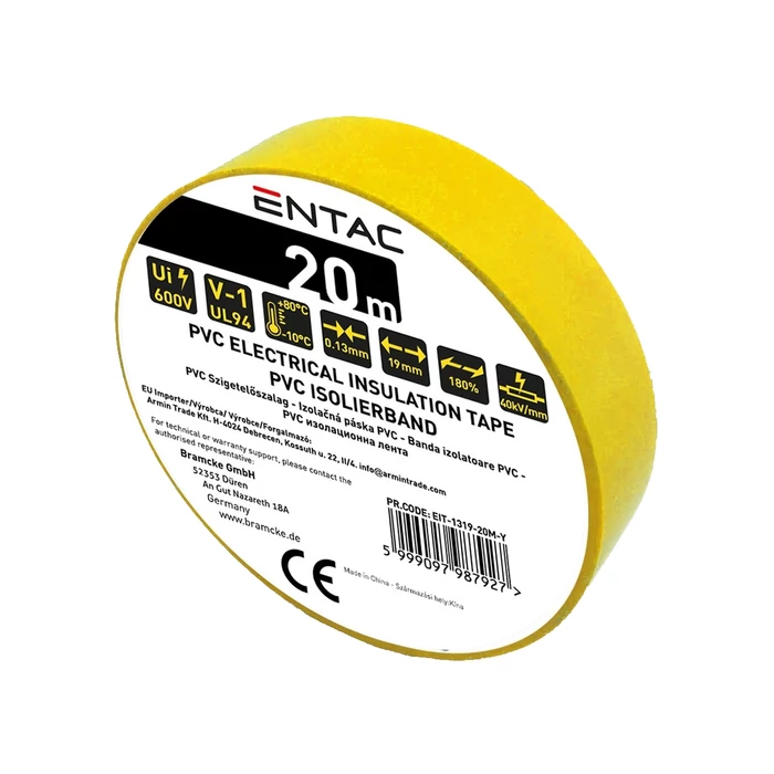 Entac szigetelőszalag 20mx19mm sárga EIT-1319-20M-Y