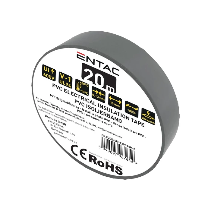 Entac szigetelőszalag 20mx19mm szürke EIT-1319-20M-G