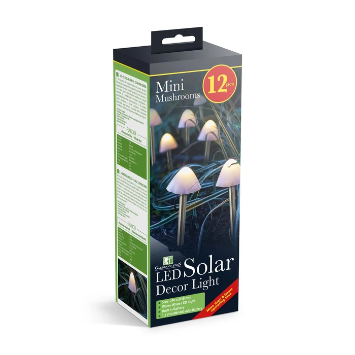Garden of Eden kültéri LED-es szolár lámpa 12db mini gomba melegfehér 400mAh 28,5cm x 4m 11243