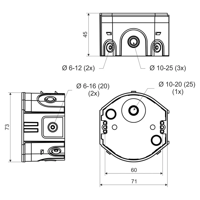 KOPOS KOLIN Szerelvénydoboz átmérő 73mm, furat átmérő 80mm mélység 66mm rugalmas anyagból készült bevezető nyílások KP 68/D KA