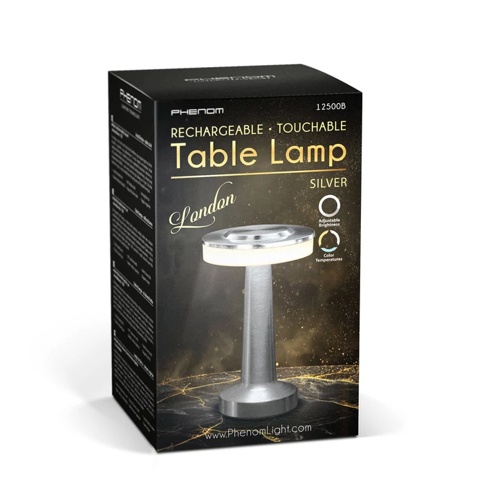 Phenom London LED asztali lámpa ezüst akkumulátoros USB-C 12500B