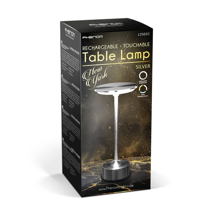Phenom New York LED asztali lámpa ezüst akkumulátoros USB-C 12502C