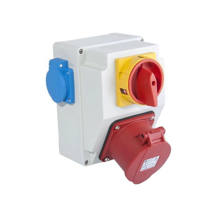 TP Electric ipari csatlakozó doboz szerelt 120×170mm aljzat 5P 32A 75x75 + kapcsoló + 2x 2P+F IP44 3317-002-7001H
