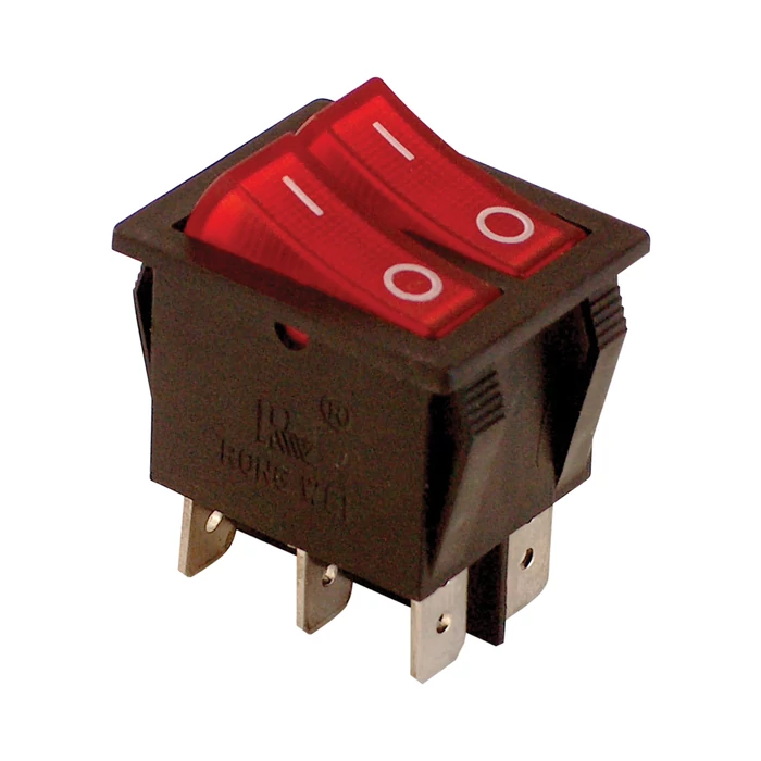 Tracon 2 állású billenő kapcsoló 2 áramkör BE-KI piros világító 0-I felirat 6 érintkező 16A 250V TES-43