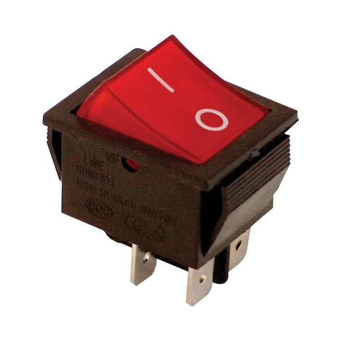 Tracon 2 állású billenő kapcsoló kétpólusú BE-KI piros világító 0-I felirat 4 érintkező 16A 250V TES-42