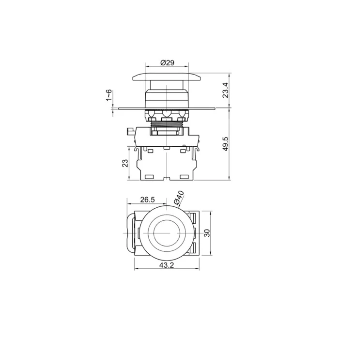 Tracon gombafejű világító nyomógomb kék 1×NO, 5A/230V AC-15, 40mm, IP65