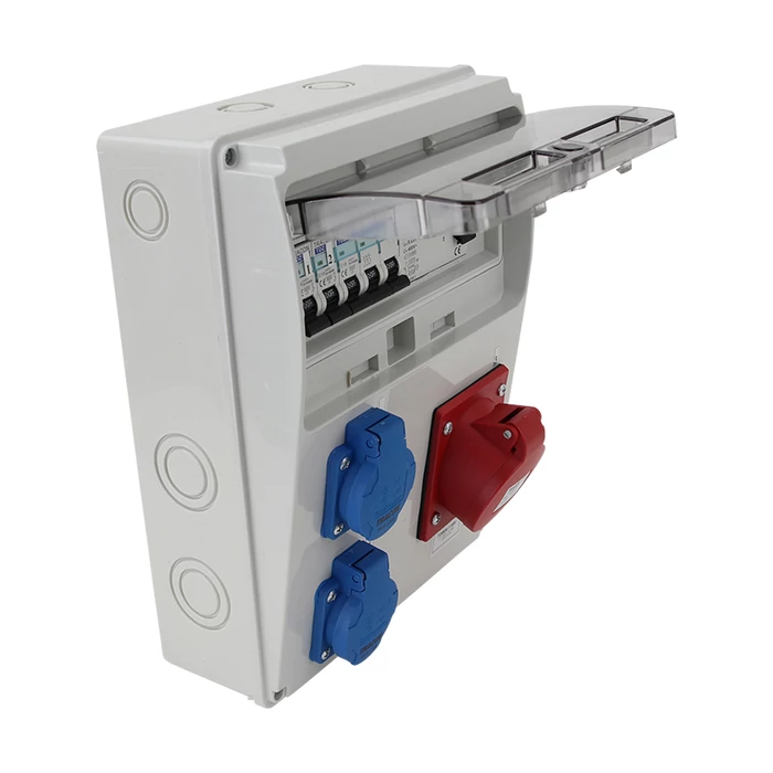 Tracon ipari csatlakozó doboz védelemmel 5P 16A + 2x2P+F szerelt vezetékelt TDB04-11MV