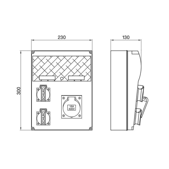 Tracon ipari csatlakozó doboz védelemmel 5P 16A + 2x2P+F szerelt vezetékelt TDB04-11MV