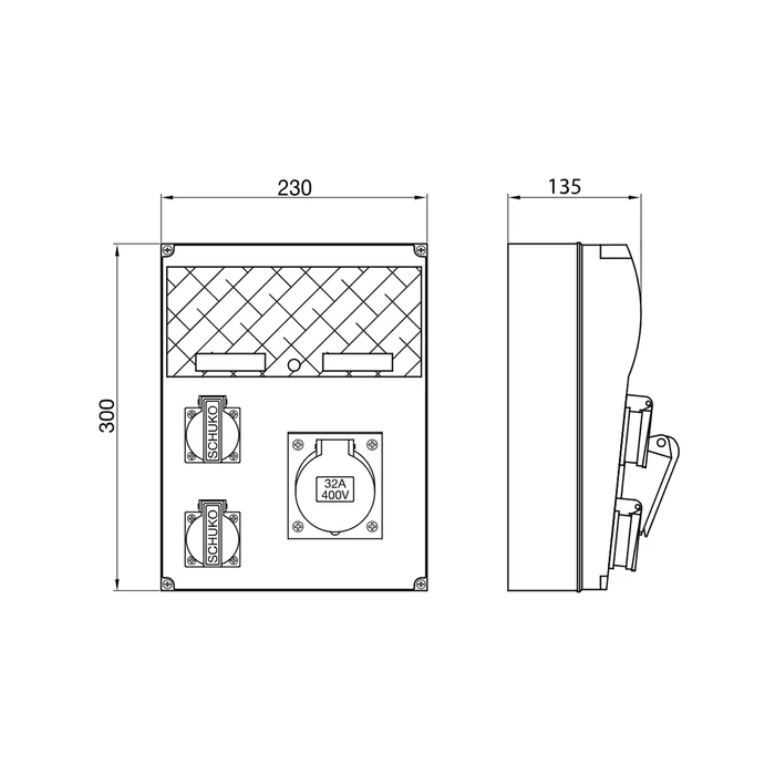 Tracon ipari csatlakozó doboz védelemmel 11 modul 5P 32A + 2x2P+F IP44 TDB10-11MV