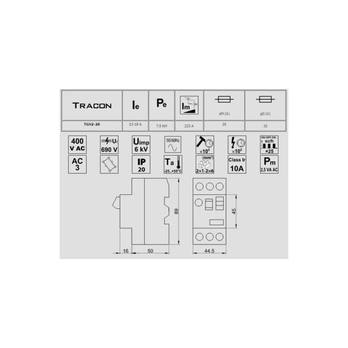 Tracon Kézi működtetésű motorvédő kapcsoló 13-18A 7,5kW TGV2-20