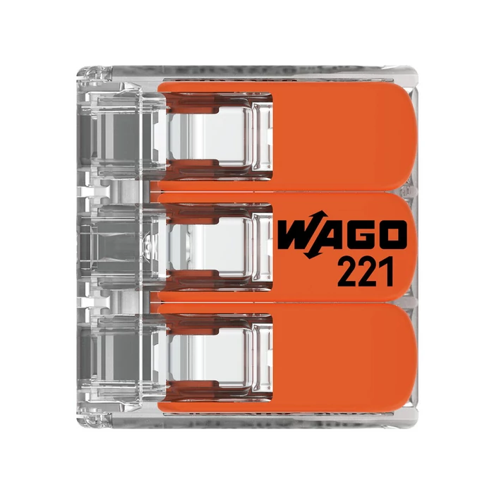 Wago 3-as oldható vezeték összekötő új karos csatos kivitel max. 4 mm2 221-413